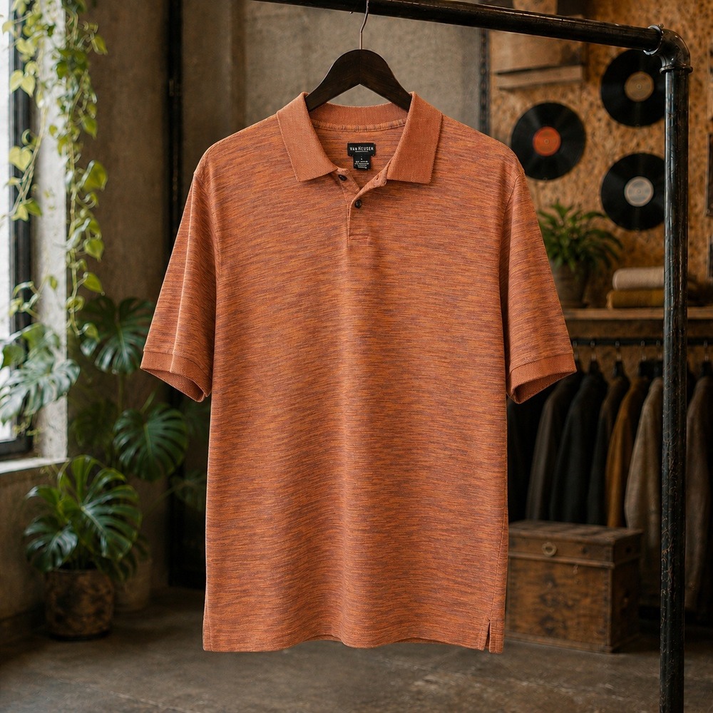 Van Heusen Mens Large Orange Space Dye Polo Shirt Short Sleeve Casual L